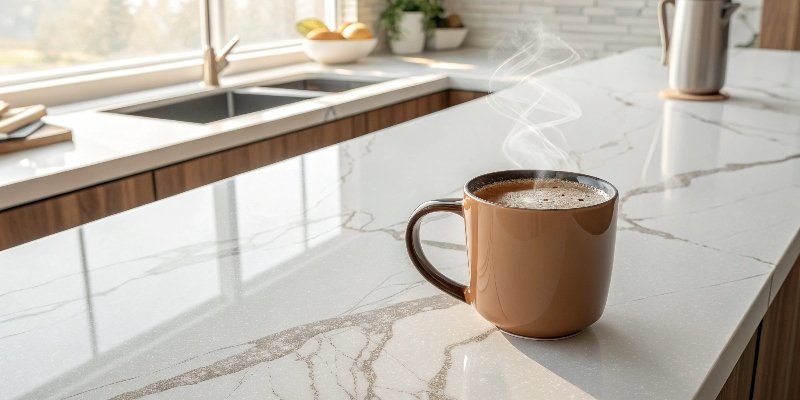 Hot Mug on Quartz Countertop A coffee mug on a white quartz countertop