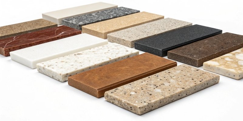 Countertop Material Comparison A showroom with different countertop materials like quartz, granite, and wood