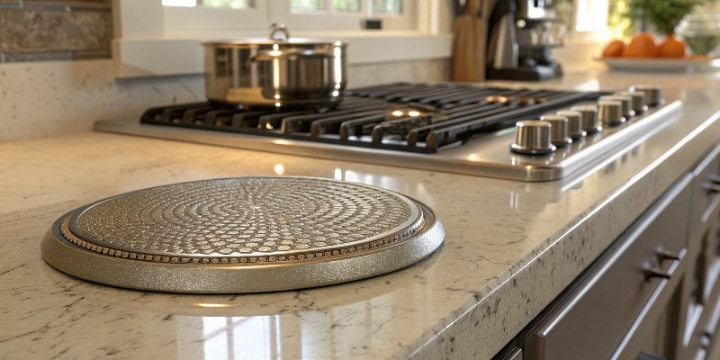 Preventing Heat Damage on Quartz A trivet on a quartz countertop next to a stove