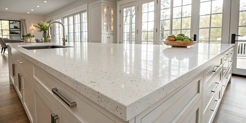 Engineered Quartz Slab Manufacturing A close-up of a finished quartz slab showing its texture and pattern.