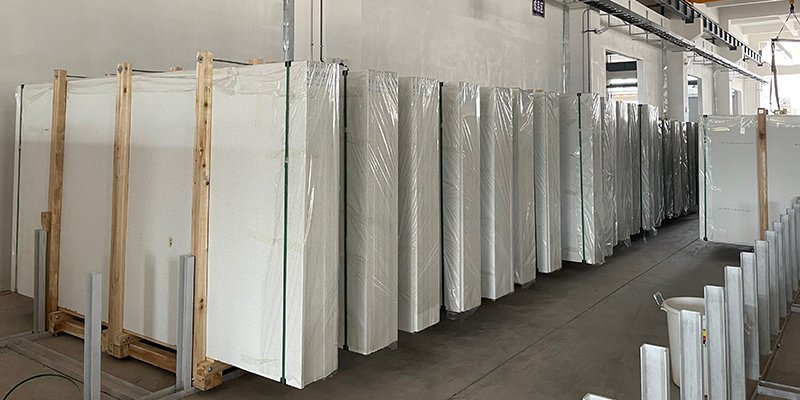 Reliable Quartz Stone Slab Supplier Selection A procurement manager inspecting a high-quality quartz slab in a warehouse