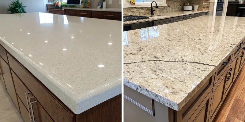Quartz vs. Granite Comparison A split image showing a quartz countertop on one side and a granite countertop on the other.