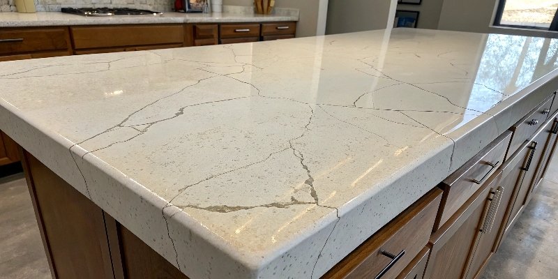 Poor Quality Quartz A cracked and stained quartz countertop that shows poor quality