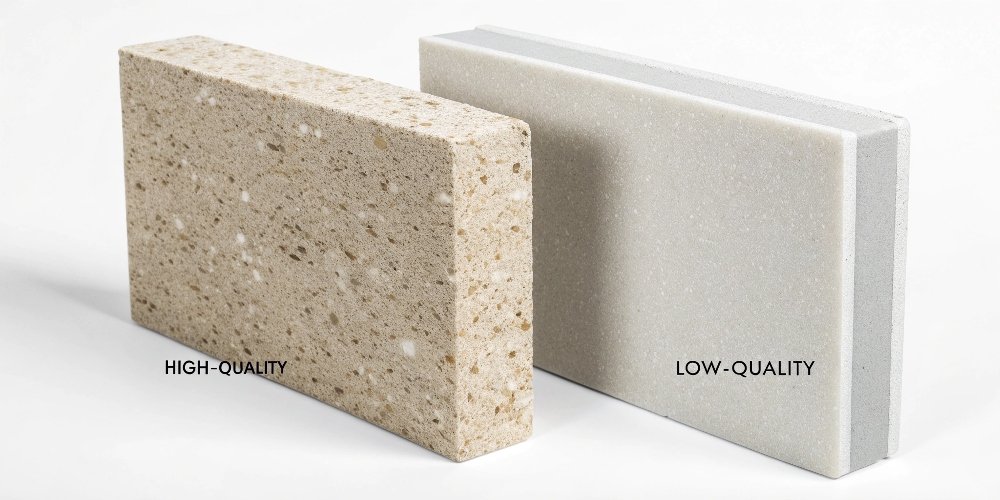 Composition of Quartz Countertops A chart showing the composition of high-quality quartz vs low-quality quartz