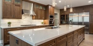 a kitchen with a quartz countertop showcasing its