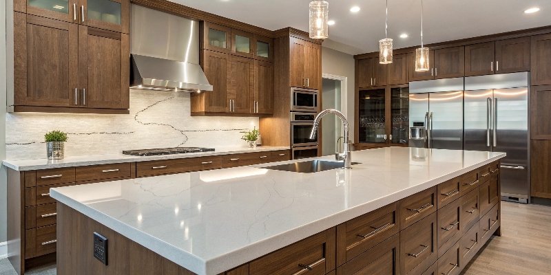 A kitchen with a quartz countertop showcasing its sleek design.