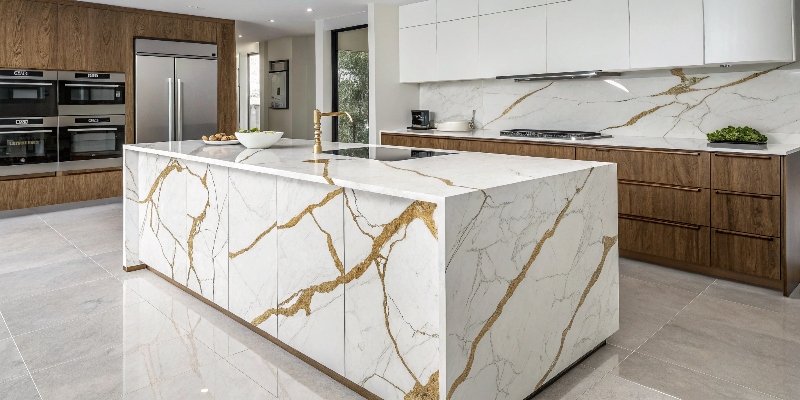 Calacatta Quartz Countertop A luxurious kitchen island made from Calacatta Gold quartz, showing its bold veining.