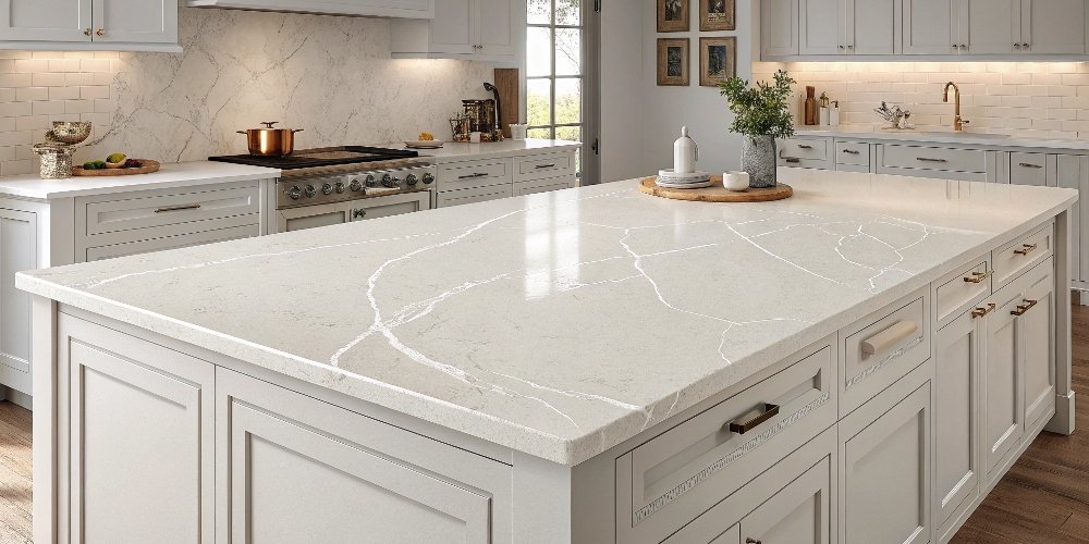 Quartz Countertop Brand Quality A quality control inspector carefully examining a large quartz slab in a factory