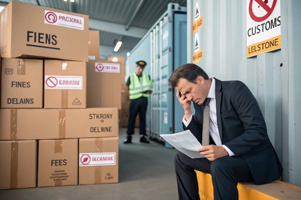 Risks of Wrong HS Code A customs officer inspecting a shipping container with a magnifying glass