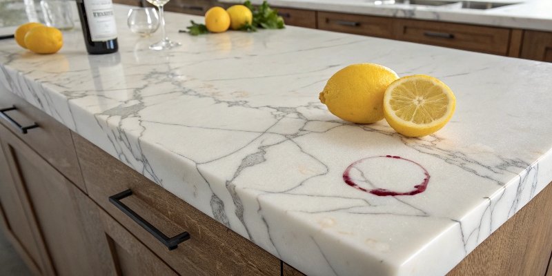 Disadvantages of Calacatta Marble A real Calacatta marble countertop with a visible wine stain and an etch mark from a lemon.