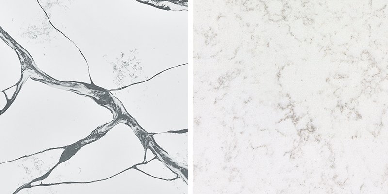 Quartz Countertop Price Differences A side-by-side comparison of a basic white quartz and a complex, custom Calacatta-style quartz