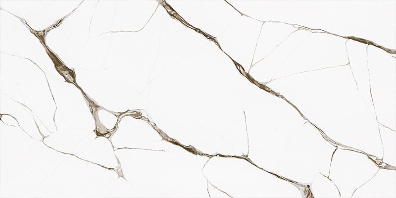 High-End Calacatta Quartz Inspection A close-up of a Calacatta quartz slab being inspected for quality under bright lights in a factory.
