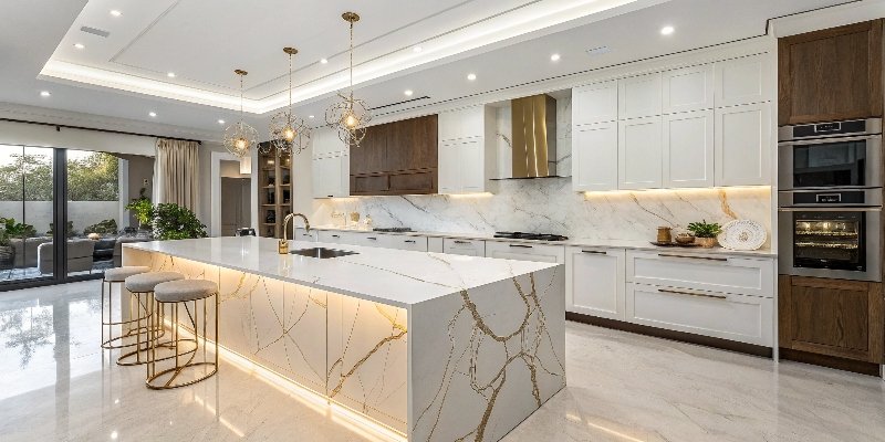 Luxury Calacatta Quartz Kitchen A stunning kitchen with a waterfall island made from Calacatta Gold quartz.