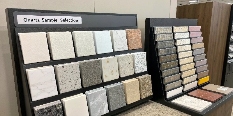 An architect and a manufacturer looking at custom-colored quartz samples.