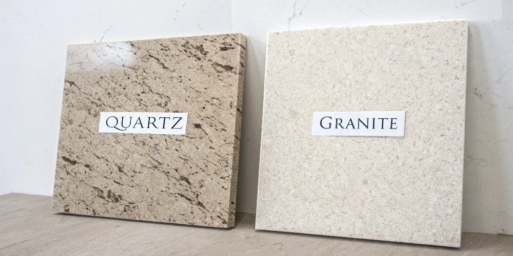 Quartz vs Natural Stone Prices A side-by-side comparison of a quartz slab and a granite slab with price tags