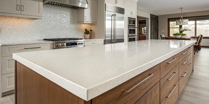 Hiding Seams in Quartz Countertops Taping off a quartz countertop seam before applying filler