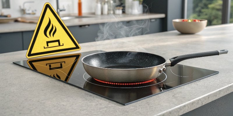 Quartz Heat Warning alt text="A warning symbol over a hot pan on a quartz surface"
