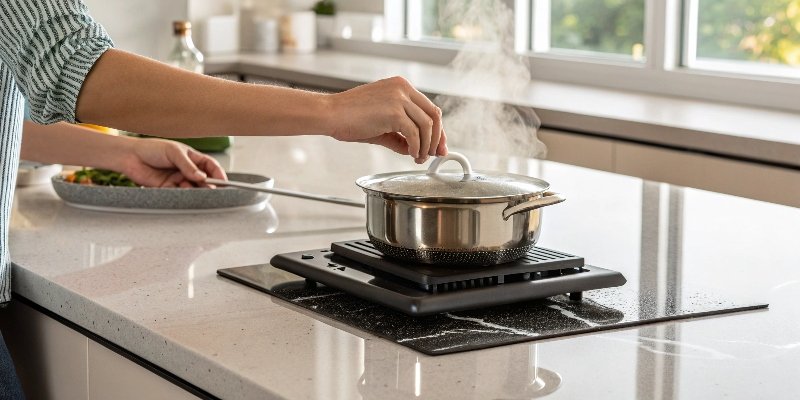 Protecting Quartz Countertop alt text="A person using a trivet to place a hot pot on a quartz countertop"