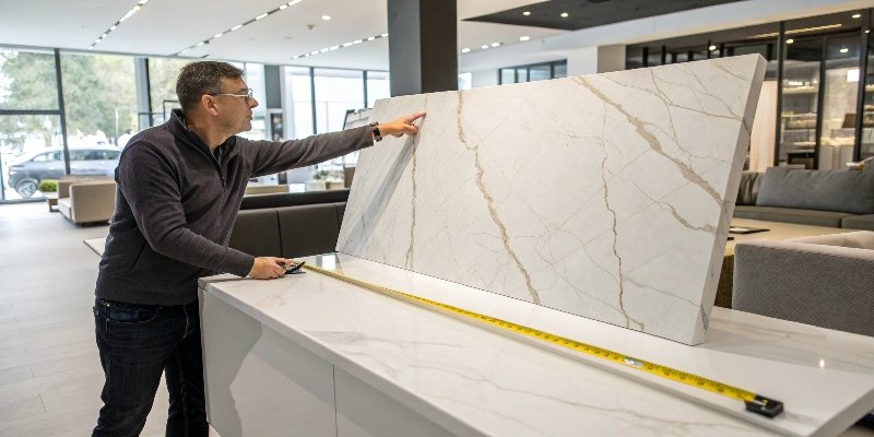 The Best Marble Alternative A designer pointing to a slab of marble-look quartz, highlighting its realistic veining.