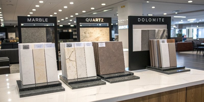 Marble Look-Alike Stone Options A display in a showroom comparing the prices of marble, quartz, and dolomite samples.