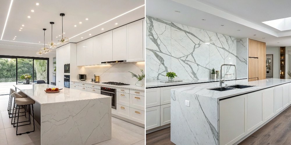 Which is Better Quartz or Stone A split image showing a modern quartz kitchen and a classic marble kitchen