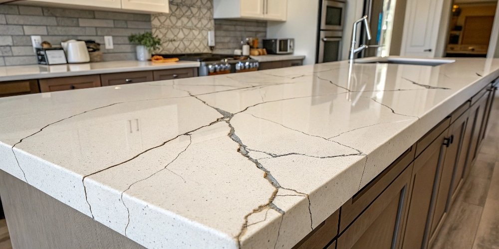 Low-Quality Quartz Failure A cracked quartz countertop showing a clear failure in the material