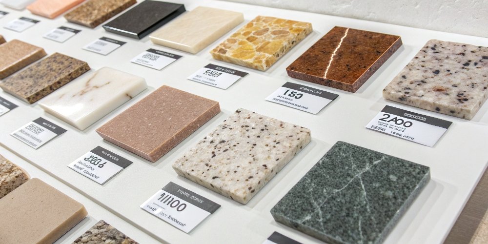 Cost of a 10 ft Quartz Slab A variety of quartz samples with different price points shown