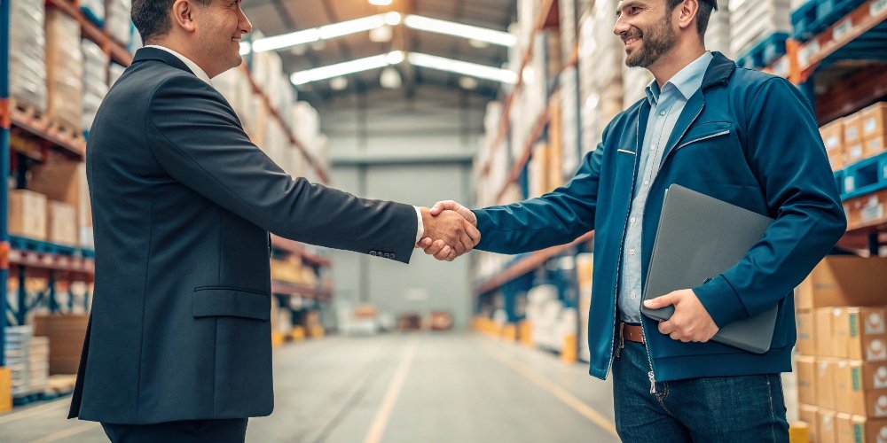 Best Quartz Company Partnership A handshake between a supplier and a procurement manager in a warehouse