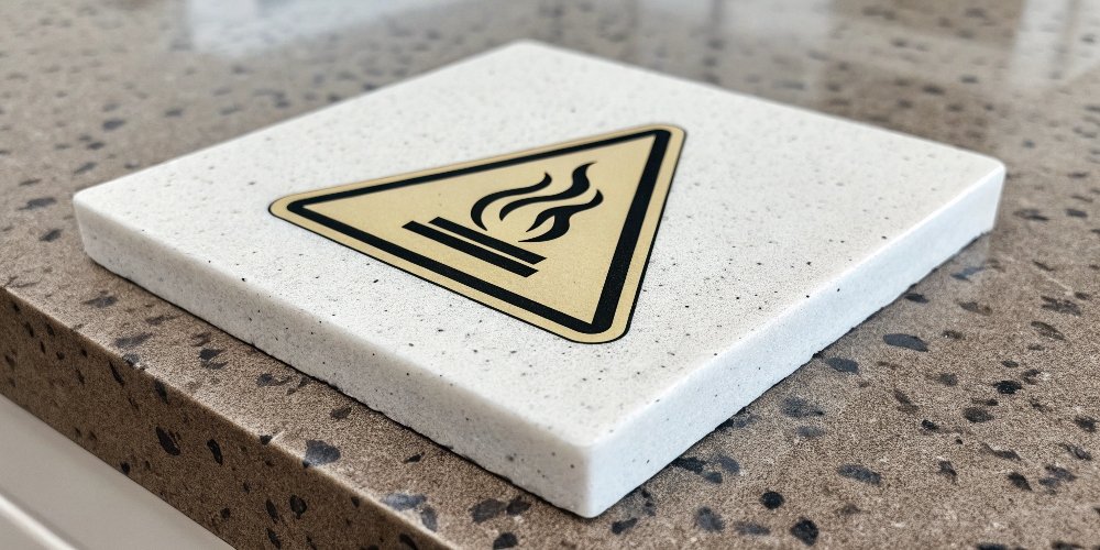 Heat Caution on Quartz Countertop A caution sign next to a hot pan on a quartz countertop.