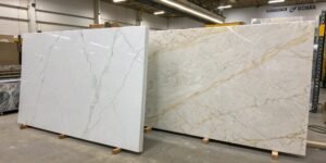 two quartz slabs placed side by side on a neutral