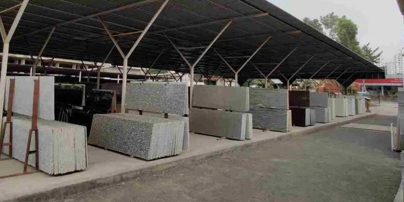 A warehouse stacked with quartz slabs in India