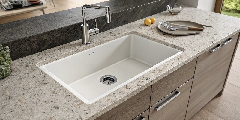 Solid Surface Kitchen Sink A modern solid surface kitchen sink integrated into a countertop