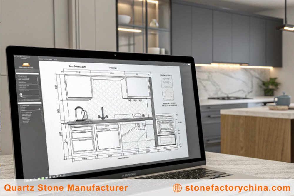 CAD Software for Countertop Layout A computer screen showing a CAD layout for a kitchen countertop on a quartz slab.
