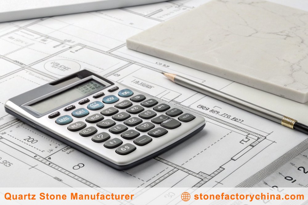 Cost Impact of Quartz Slab Size A calculator and a quartz sample on a project blueprint