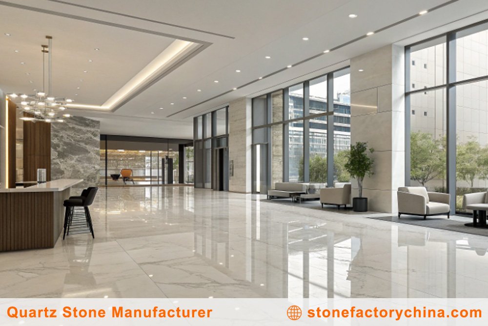 Durable Quartz Flooring a polished and modern commercial space with quartz stone flooring